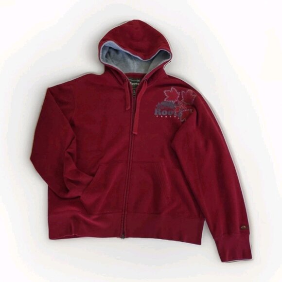 Roots Hoodie Men L Red LS 2 Way Zip Pockets Maple Leaf Beaver Embroidery Canada - Picture 1 of 15